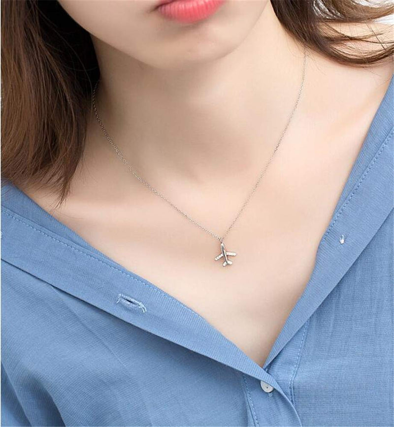 [Australia] - Tiny Crystal Airplane Pendant Necklace for Women Teen Girls Kids 925 Sterling Silver 18K White Gold Plated Huggie Diamond Plane Free Fly Wings Drop Choker Y Necklace Chain Lightweight Fashion Jewelry 