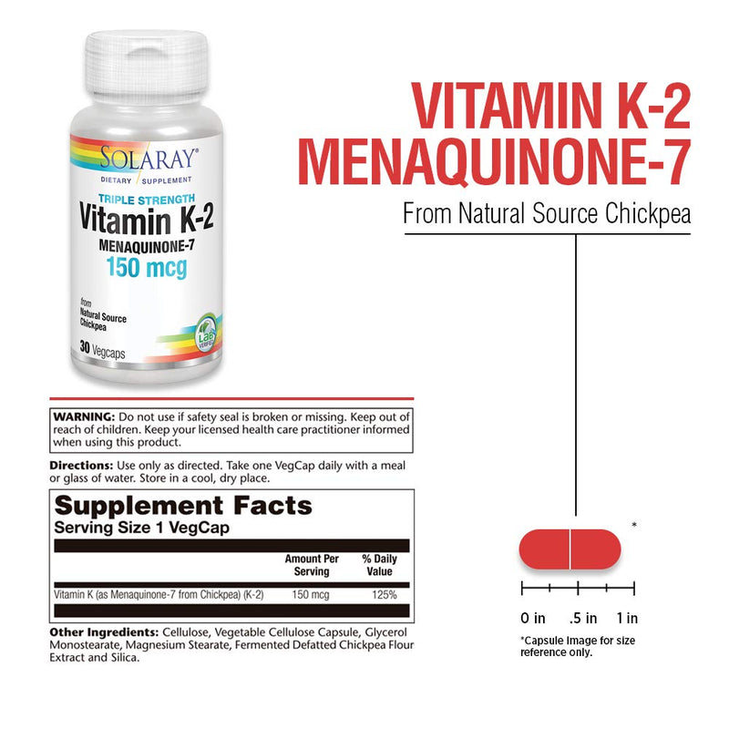 [Australia] - Solaray Triple Strength Vitamin K-2 as MK-7, 150 mcg | Heart & Bone Health, Vascular Function Support | 30ct 