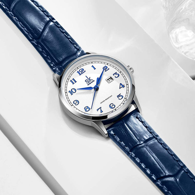[Australia] - SK Classic Business Women Watches with Stainless Steel Band and Genuine Leather Elegant Ladies Calendar Watch Arabic Number-Blue Leather 