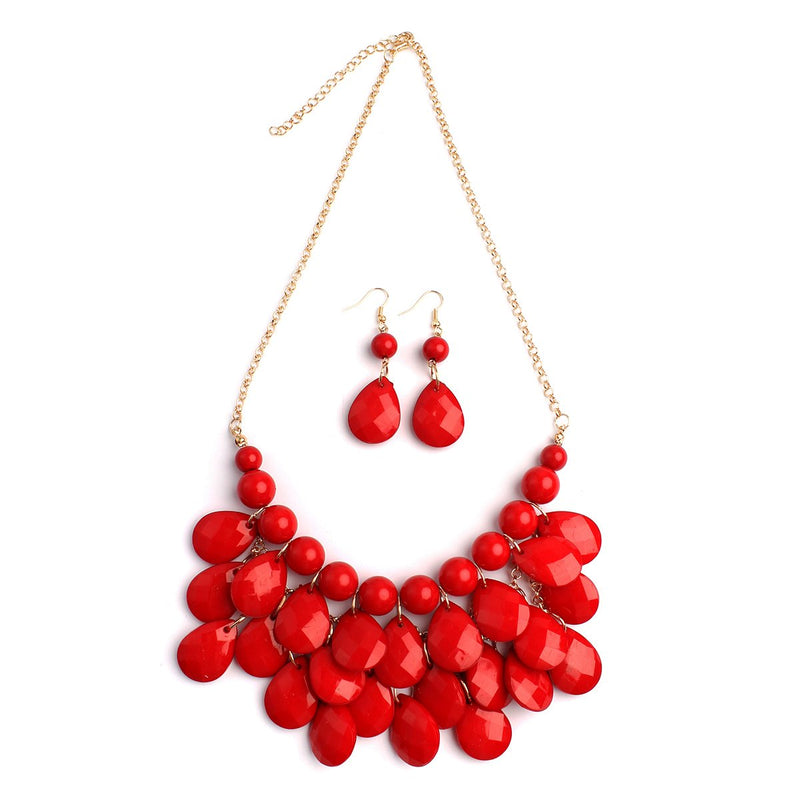 [Australia] - Chunky Acrylic Jewel Cluster Floating Bubble Statement Necklace - Teardrop Dangle Layered Bib Collar Dark Red 