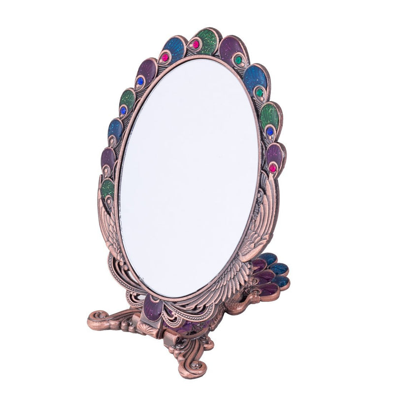 [Australia] - MOIOM Vintage Style Metal Foldable Oval Peacock Flower Pattern Makeup Hand/Table Mirror (Copper Red) Copper Red 