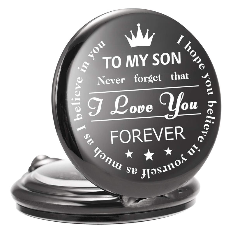 [Australia] - To My Son| Husband| Lover/King| Grandson, ManChDa Mens Womens Quartz Personalized Pocket Watch Engraved Engraving Customized with Chain Gift Box Gift for Son Husband Dad Bestman Grandson 1-a.Black Black - SON 