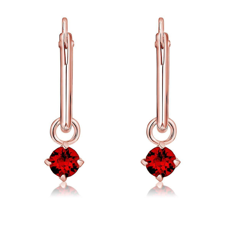 [Australia] - DTPsilver® 925 Sterling Silver Rose Gold Plated SMALL Hoops Earrings & Round Dangling 3 mm Crystals from Swarovski® Elements - Thickness 1.2 mm - Diameter: 12 mm Red Light Siam 