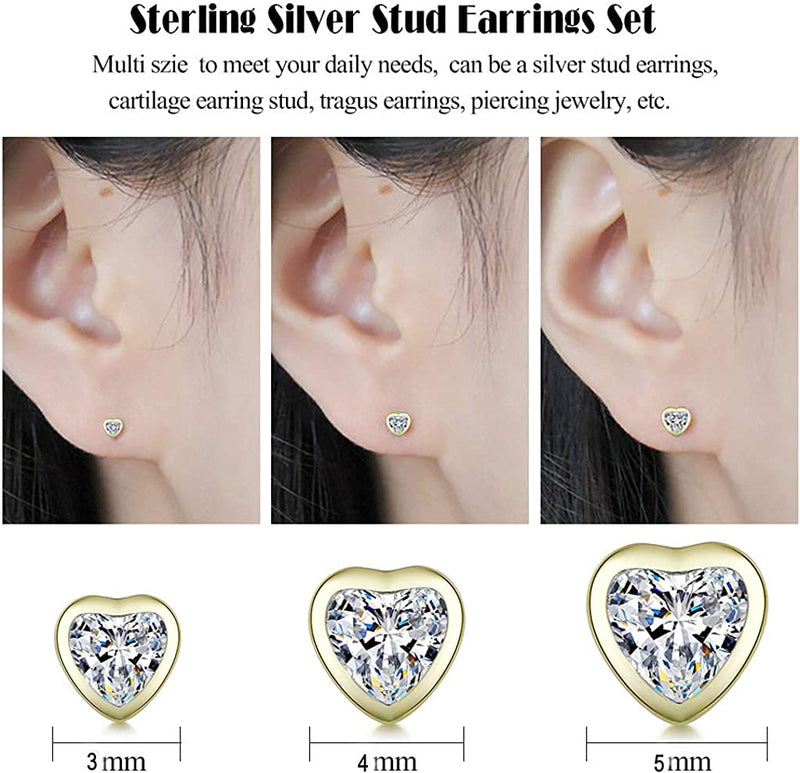 [Australia] - Gulicx 3 Pairs Silver Heart Stud Earrings Set for Women Girls, Hypoallergenic 925 Stering Silver Cubic Zirconia Simulated Diamond Stud Earrings,Small Sleeper Cartilage Studs, Size: 3, 4, 5mm Gold-3/4/5mm 