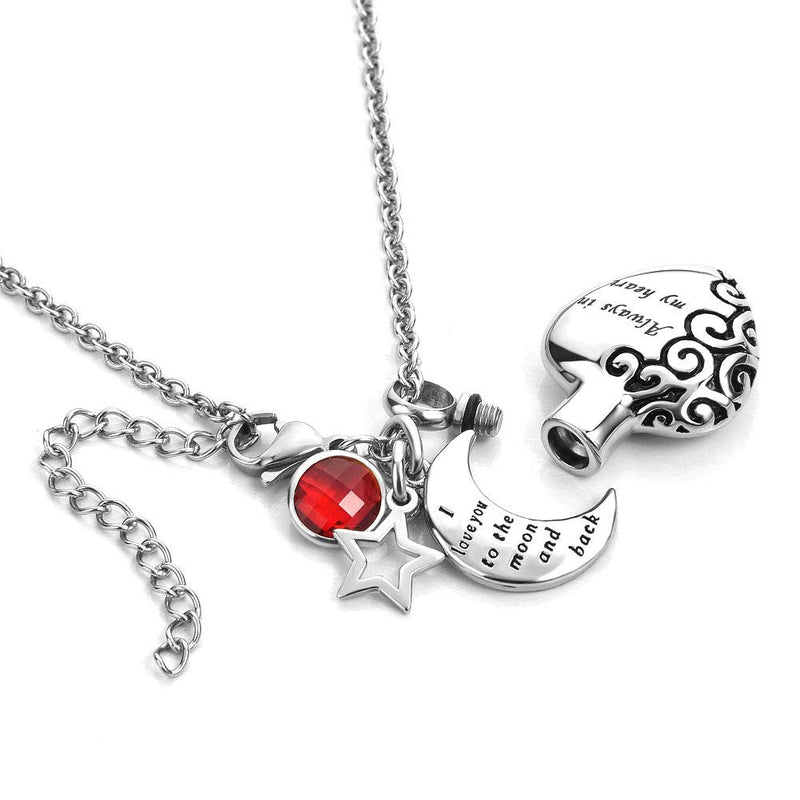 [Australia] - LoEnMe Jewelry Urn Necklace for Ash Cremation Pendant Star I Love You to The Moon and Back Always in My Heart January Dark Red Moon Star 