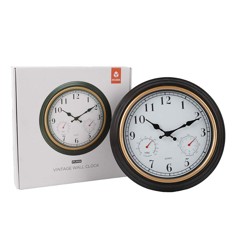 [Australia] - HYLANDA 12 Inch Indoor/Outdoor Retro Silent Non Ticking Wall Clock with Thermometer&Hygrometer Combo, Decorative Wall Clocks Battery Operated for Kitchen Home Bathroom Patio(Black Gold) 12 Inch Black-gold 