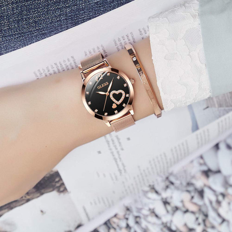 [Australia] - Verhux Wrist Watches for Women Fashion Waterproof Rose Gold Steel Strip Quartz Wristwatch Gifts for Ladies L5189 - Black Dial 