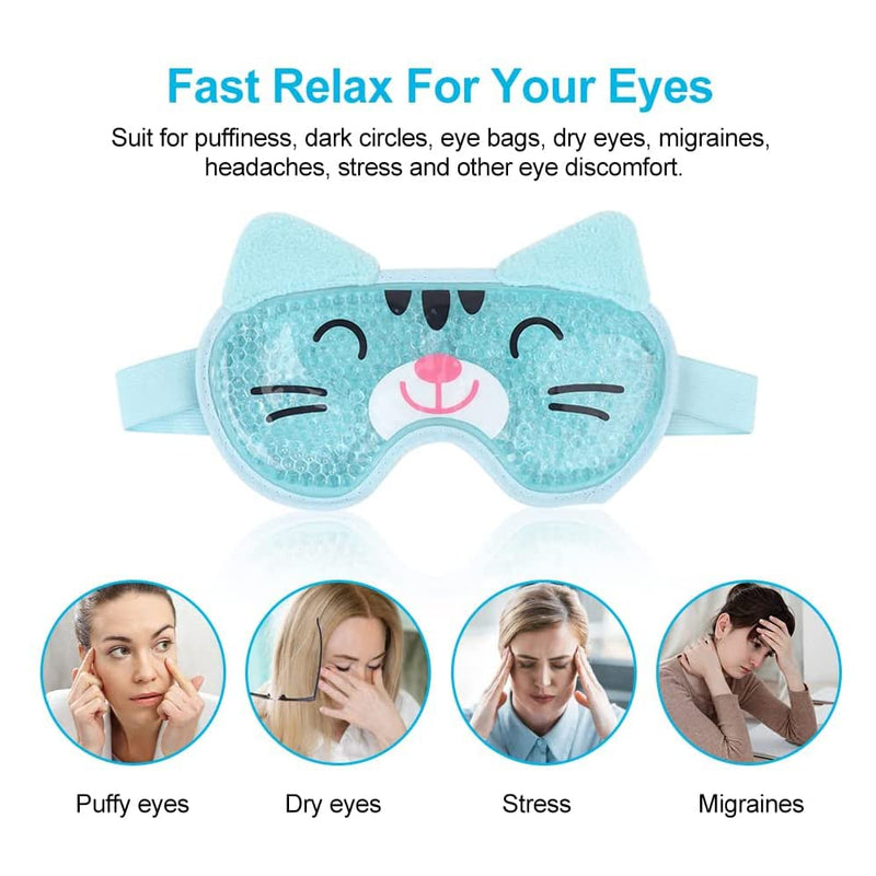 [Australia] - NEWGO Gel Eye Mask Reusable Hot Cold Therapy Cooling Eye Mask with Plush Backing, Relief for Puffy Eyes, Dry Eyes, Dark Circle, Swollen Eyes, Headache, Migraine - Blue Cat 