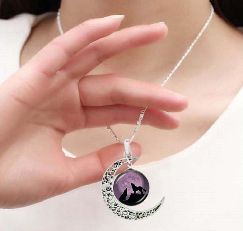 [Australia] - Gemingo Unique Two Wolf Necklace Glass Dome Wolf Choker Sterling Silver Crescent Necklace 