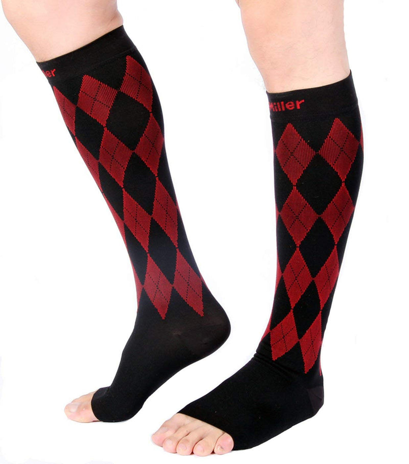 [Australia] - Doc Miller Open Toe Compression Socks Women 20-30mmHg, 1 Pair Toeless Socks for Women and Men - Argyle Design X-Large Red.black Open Toe 