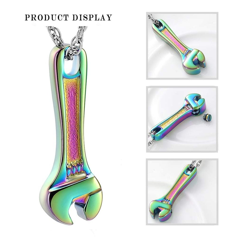 [Australia] - shajwo Cremation Jewelry for Ashes Stainless Steel Wrench Hammer Urn Pendant Locket Keepsake Memorial Necklace for Human Ashes Holder for Women Men Wrench Rainbow 