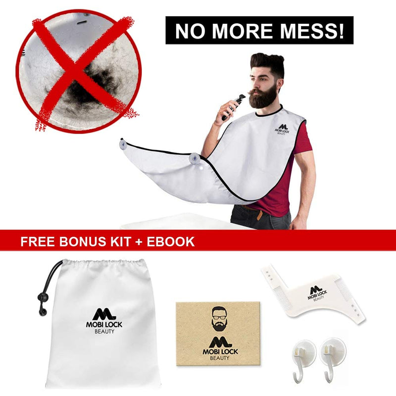 [Australia] - Best Beard Shaving Catcher Bib –The Smart Way to Shave – Beard Trimming Apron & Shaving Cape – Perfect Grooming Gift or Men's Birthday Gift – Includes Shaping Comb, Bag, & Grooming E-Book by Mobi Lock 