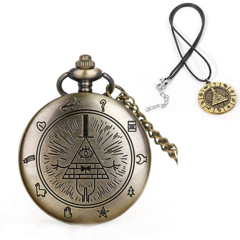 [Australia] - Weird Town Triangle Devil Quartz Pocket Watch Gravity Bill Cipher Fall Time Necklace Pendant Clock Gifts Bronze 