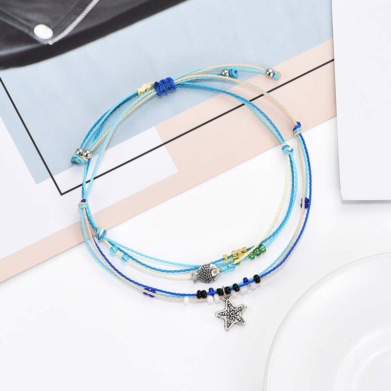 [Australia] - Jeka Boho Blue Starfish Turtle Anklet Multilayer Charm Beads Handmade Anklet Foot Jewelry for Women Girl Starfish and Fish Anklets 