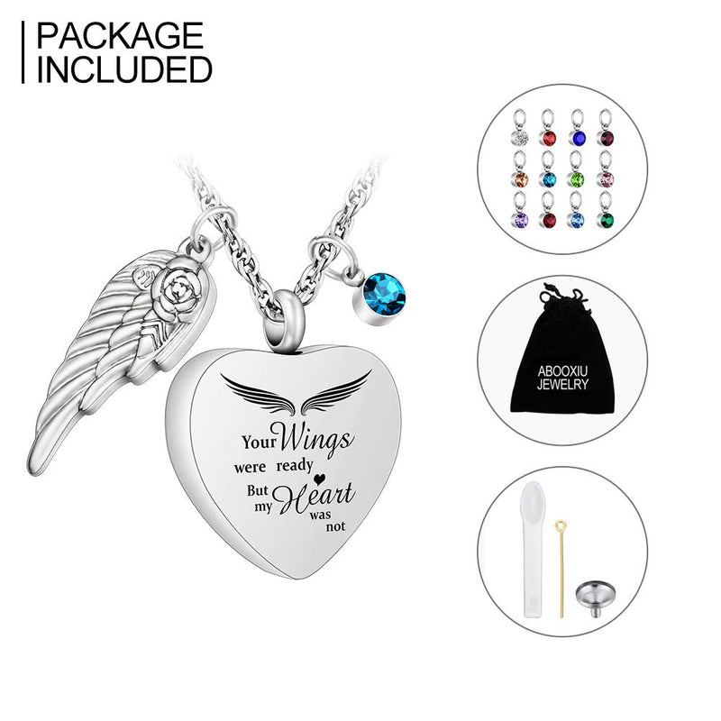 [Australia] - abooxiu Heart Urn Necklaces for Ashes with 12 Pcs Birthstones Cremation Necklace for Human for Pet Ashes Stainless Steel Cremation Pendant with 22" Chain- Your Wings were Ready, But My Heart was Not Your Wings Was Ready 