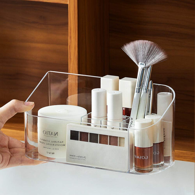 [Australia] - SUNFICON Makeup Tray Organizer Bathroom Cabinet Cosmetic Storage Tray Holder Countertop Vanity Makeup Display Tray Case with 9 Compartments 2 Removable Dividers for Beauty Essentials Crystal Clear 