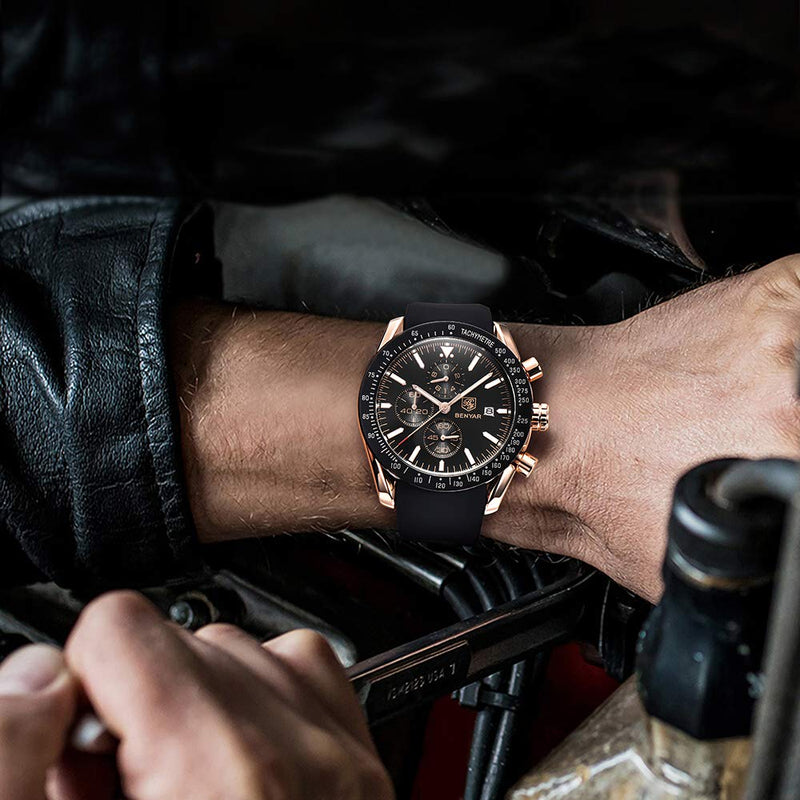 [Australia] - BENYAR - Stylish Wrist Watch for Men, Genuine Silicone Strap Watches, Perfect Quartz Movement, Waterproof and Scratch Resistant, Analog Chronograph Quartz Business Watches Black 