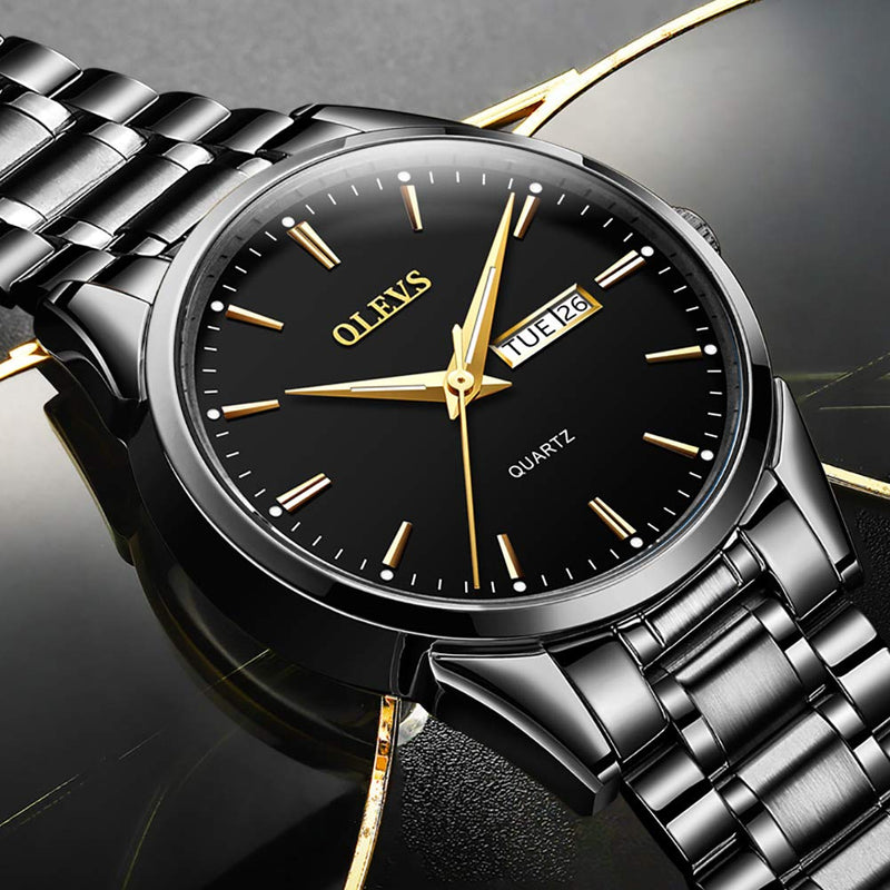 [Australia] - OLEVS Men's Watches,Gold Stainless Steel Band Luxury Casual Dress Wristwatch for Men Japan Movement Rome Analog Waterproof with Luminous Day Date(Blue/Black/White/All Black) Black Stainless Black Dail 