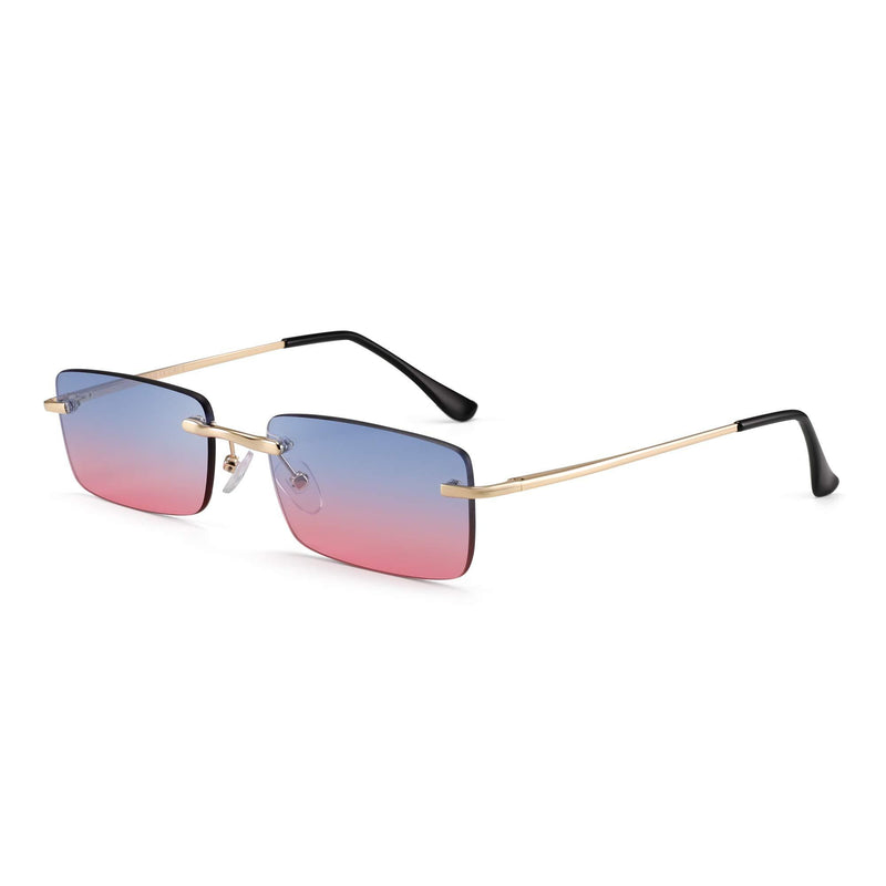 [Australia] - GLINDAR Vintage Rectangular Sunglasses Slender Rimless Clear Eyewear Spring Hinge Gold Frame / Blue Pink Lens 
