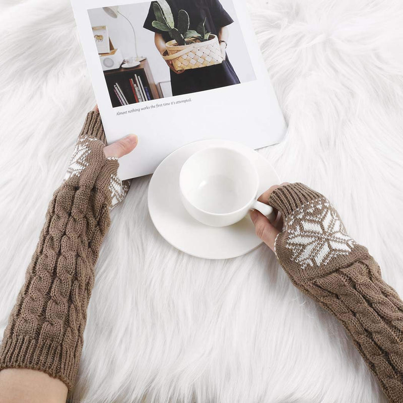 [Australia] - Urieo Winter Arms Warmers Khaki Acrylic Fibres Knit Warm Thumb Hole Gloves Mittens Decorative Pattern Cozy Long Fingerless Gloves for Women and Girls 