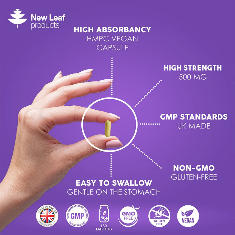 [Australia] - Quercetin 500mg High Strength Antioxidant Supplements (6 Months Supply) 180 Vegan Pure Quercetin Capsules Easy to Swallow - One A Day - Gluten Free & Non-GMO, Made in UK by New Leaf 