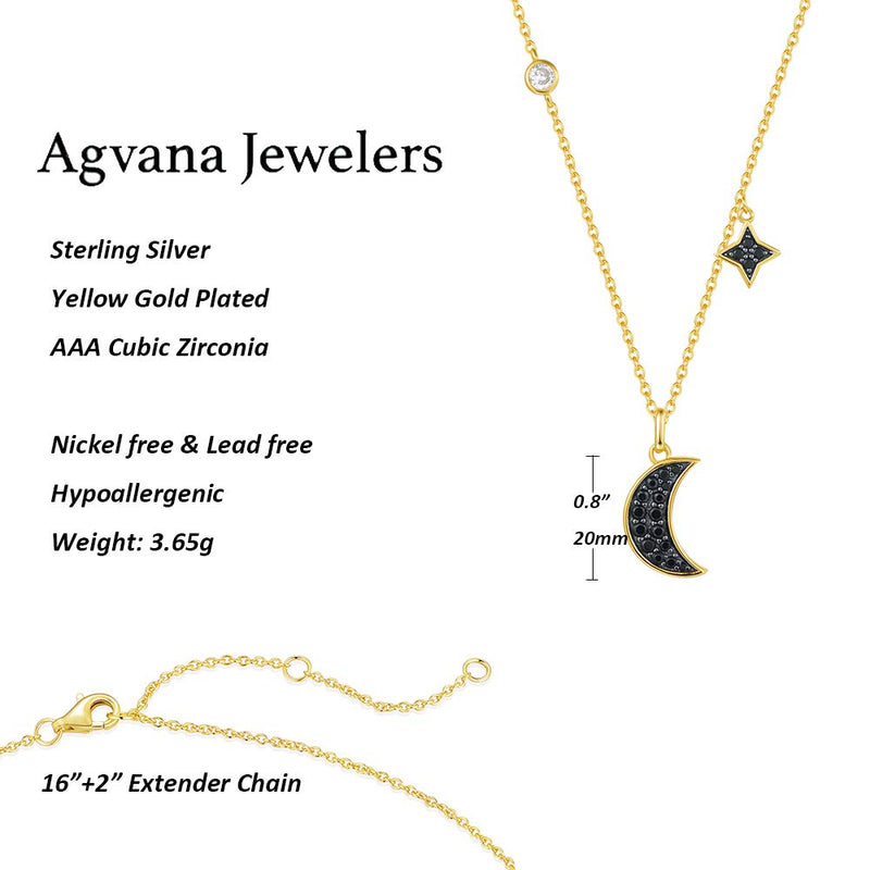[Australia] - Agvana Sterling Silver Gold Black Cubic Zirconia CZ Moon Star Sideways Dainty Pendant Necklace Birthday Anniversary Christmas Gifts Jewelry for Women Teen Girls Mom Wife Lover with Gift Box, 16+2 Inch 