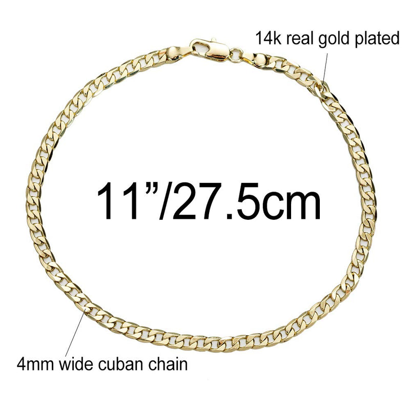 [Australia] - kelistom 14K Gold Plated Cuban Link Anklet, 4mm Wide Cuban Ankle Bracelets for Women Teen Girls, Soft and Waterproof Chain Anklet 9 10 11 inches 11.0 Inches 