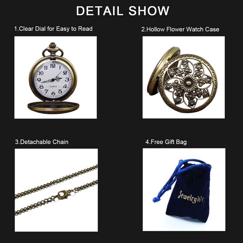 [Australia] - JewelryWe Retro Bronze Flower Openwork Cover Quartz Pocket Watch with 32.3 Inch Chain 