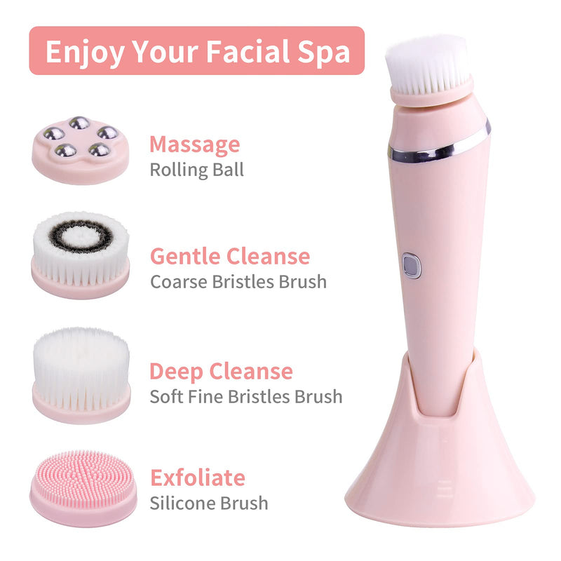 [Australia] - Facial Cleansing Brush Rechargeable Waterproof Face Spin Brush Set with 3 Speed Levels & 4 Brush Heads for Deep Cleansing Exfoliating Make-up Removing Massaging (Pink) pink 