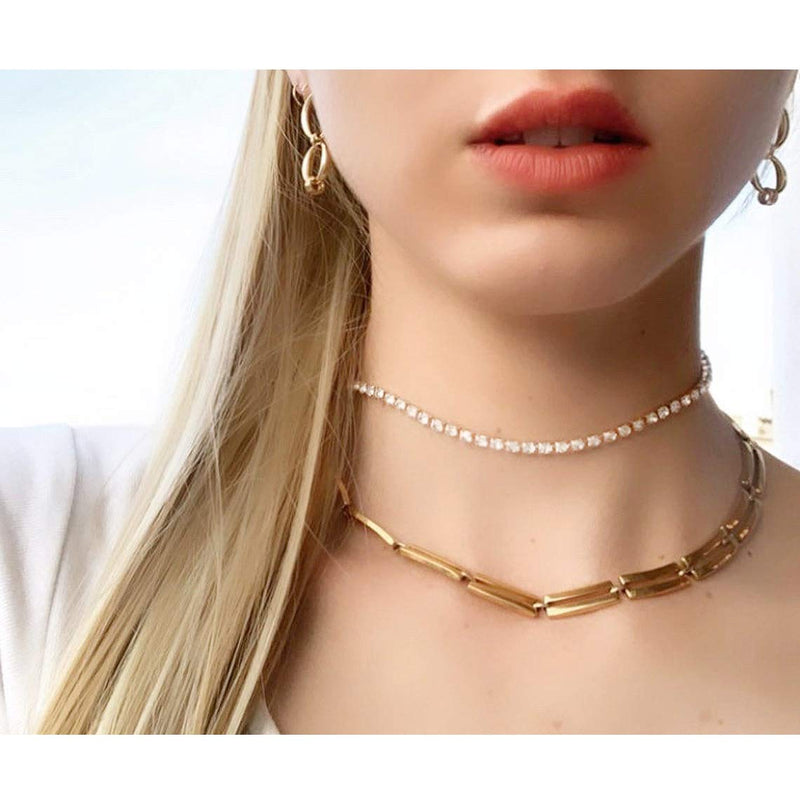 [Australia] - Cryshimmer 5 Pieces Crystal Choker Necklaces for Women Girls Dainty Silver Gold Plated Adjustable Layering Chain Rhinestone Choker Necklaces Set 
