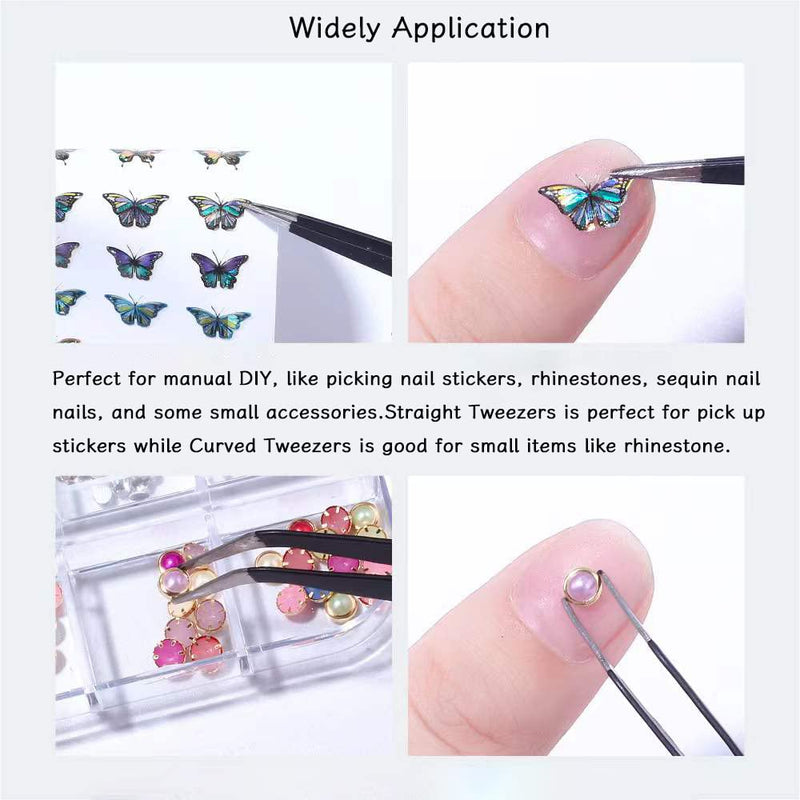 [Australia] - 2 PCS Nail Art Tweezers, Straight and Curved Tip Tweezers Rhinestone Stickers Picker Pointed Tweezers for Craft, Makeup Tools - Black 
