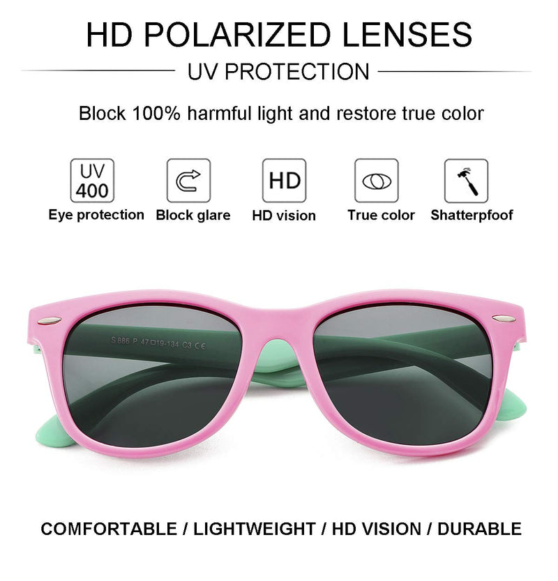 [Australia] - Kids Sunglasses – Polarized TPEE Rubber Flexible Sunglasses for Kids Little Girls Boys Age 3-12 A1 Pink&mintgreen/Grey 48 Millimeters 