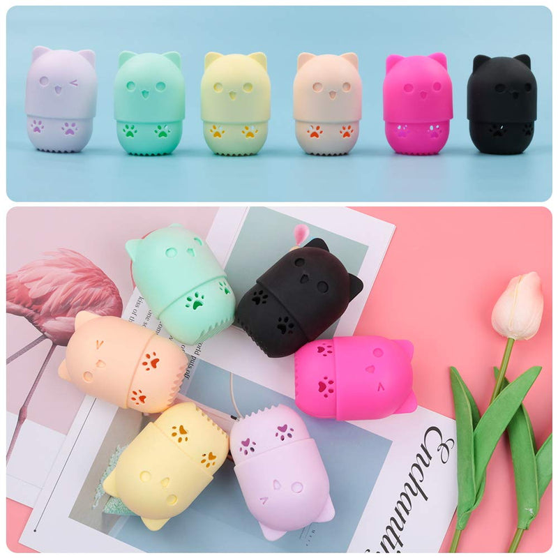 [Australia] - Ozazuco Beauty Sponge Blender Container/2 Beauty Sponge Travel Case and 2 Makeup Sponge Drying Holder/Cute Cat Silicone Makeup Sponge Travel Carrying Case/Beauty Sponge Holder Dry Rack Easy To Carry green+orange 