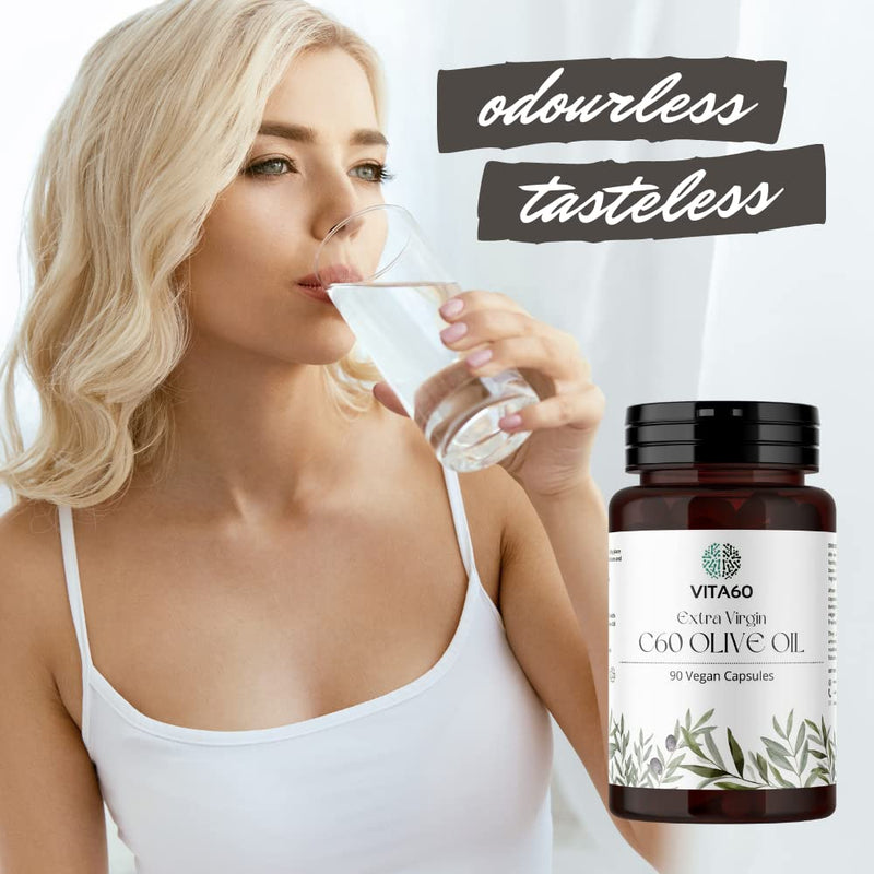 [Australia] - VITA60 C60 Olive Oil Capsules - 90 Vegan Friendly Capsules | Organic Extra Virgin Oil | 99.99% Solvent Free C60 | Antioxidant | Anti inflammatory | Leak Proof Capsule 