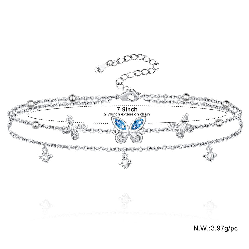 [Australia] - S925 Sterling Silver Anklet for Women Adjustable Foot Ankle Bracelet Heart Charm Anklets Jewelry Gifts for Women Girls Blue Butterfly Aneklet 