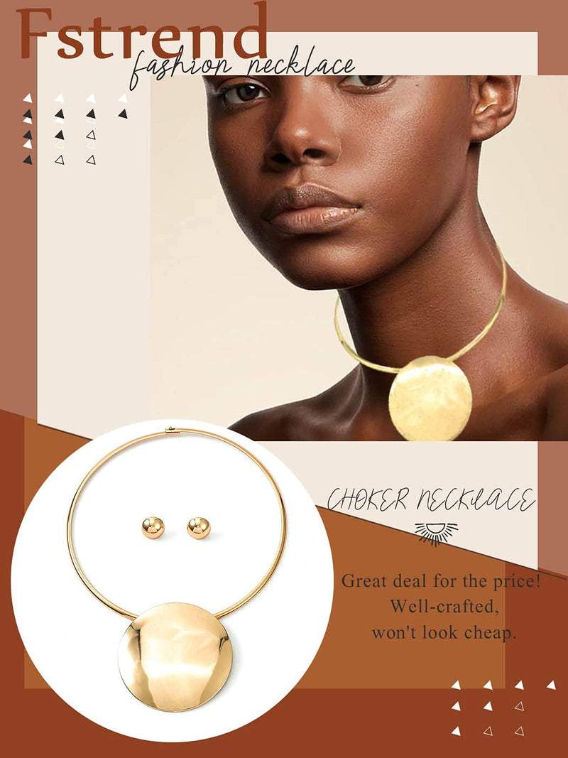 [Australia] - Fstrend Statement Choker Earrings Set Gold Plated Bride Necklace Round Pendant Nigerian Costume Party Jewelry Accessories for Women and Girls 