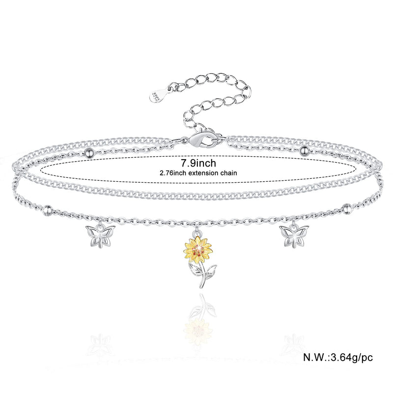 [Australia] - Hxillery Anklet for Women 925 Sterling Silver Butterfly Sunflower Cross Cat Fish Star Double Layered Anklets Bracelet Gifts Simple Dainty Beach for Teen Friends Girls A-Sunflower and Butterfly 