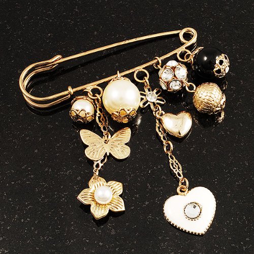 [Australia] - Avalaya 'Heart, Butterfly, Flower & Bead' Charm Safety Pin (Gold Tone) 