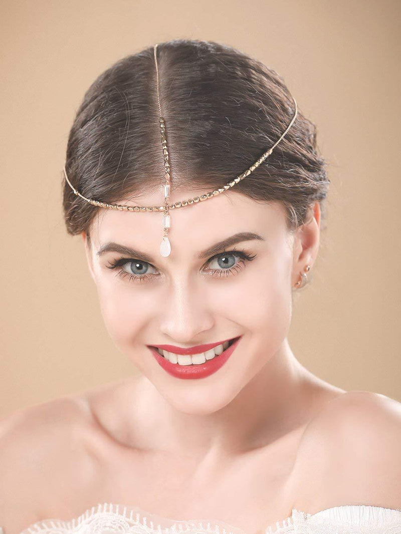 [Australia] - Yean Boho Opal Head Chain Gold Wedding Bride Hair Chains Bridal Crystal Hair Accessories for Women and Girls 