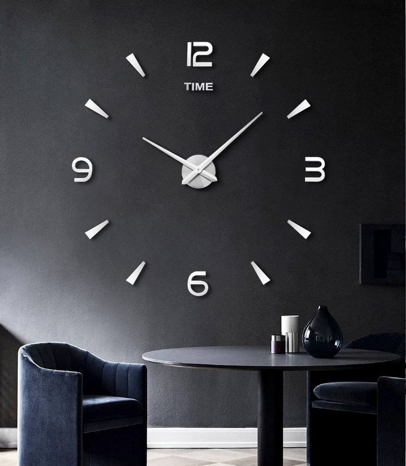 [Australia] - SIEMOO Large DIY Wall Clock Kit, 3D Modern Frameless Wall Clock with Mirror Number Stickers for Home Living Room Bedroom Office Decoration-Silver Silver 