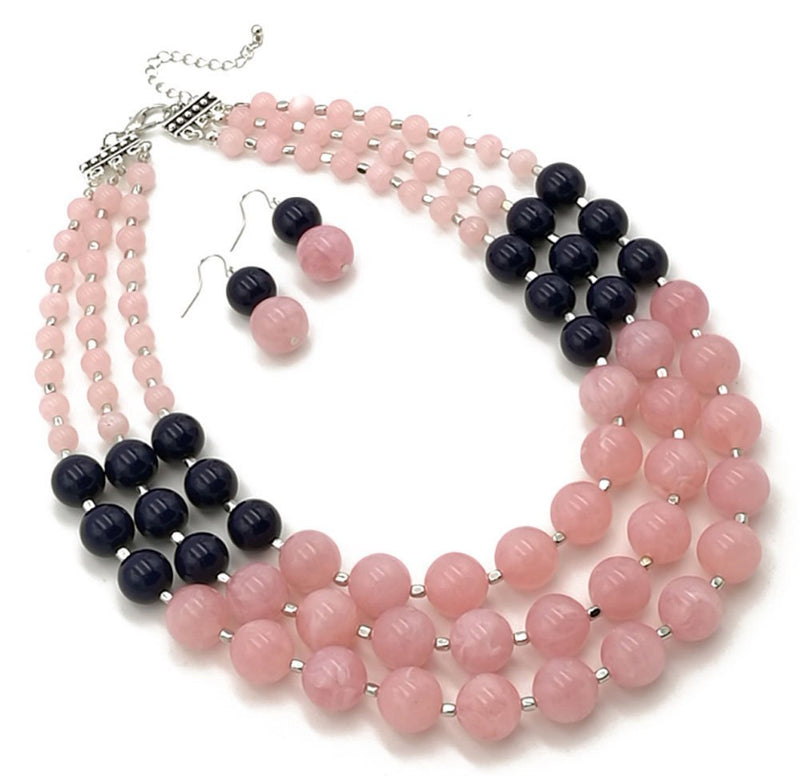 [Australia] - Shineland Elegant 3-Row Layered Handmade Acrylic Glass Pearl Stone-simulated Beaded Necklace Earrings Set Style # 2(pink) 