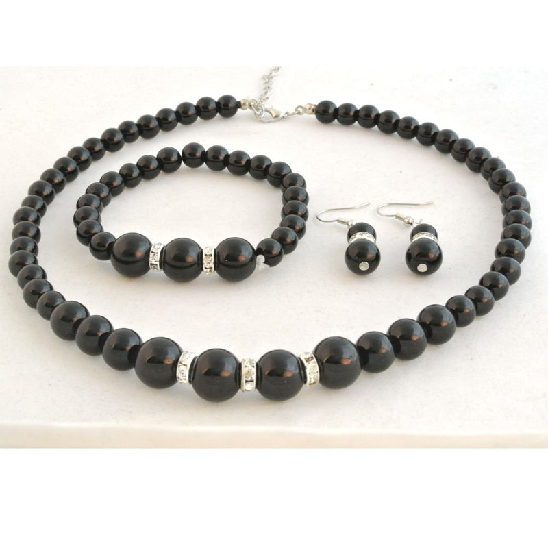 [Australia] - Femtindo Faux Pearl Necklace Earring and Bracelet Black Costume Jewelry Set for Women 