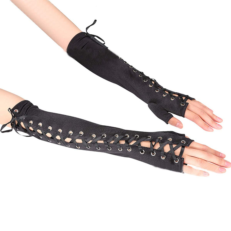 [Australia] - RARITYUS Women Lace Up Fingerless Long Elbow Gloves Costume Party Arm Warmer for Wedding Engagement Black Satin 