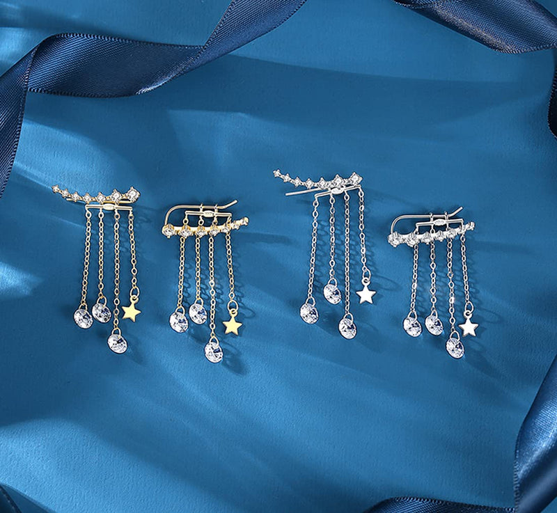 [Australia] - SLUYNZ 925 Sterling Silver 7 Crystals Cuff Earrings Tassell Chain for Women Teen Girls CZ Crawler Earrings Chain Climber Earrings A-Silver 