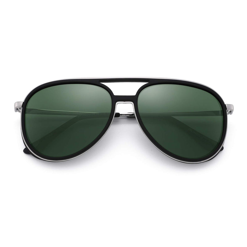 [Australia] - GLINDAR Retro Polarized Aviator Sunglasses Men Women Lightweight Plastic Driving Glasses Black Silver Frame / Polarized Green Lens 59 Millimeters 