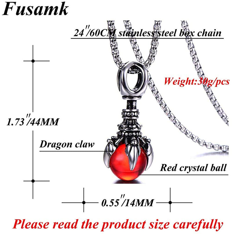 [Australia] - Fusamk Punk Rock Titanium Steel Dragon Claw Crystal Ball Pendant Necklace,24" Link Chain Red Crystal Ball 