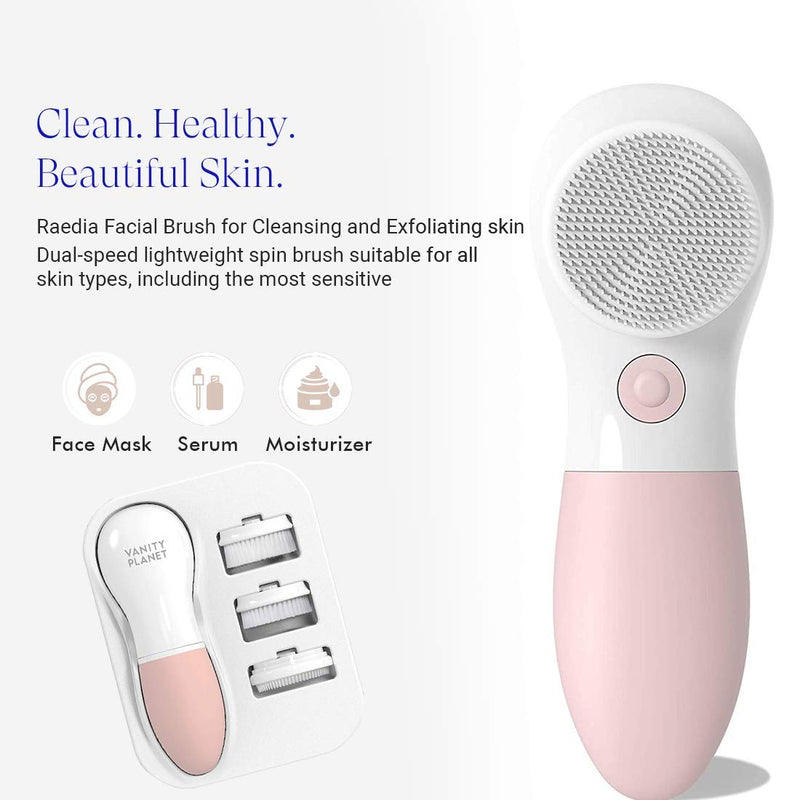 [Australia] - Vanity Planet Raedia Facial Cleansing Brush with 3 Interchangeable Brush Heads – Daily Cleansing |Glowing Skin |Lightweight Skin Brush |Face Exfoliator |Water Resistant (Dusty Pink) Dusty Pink 