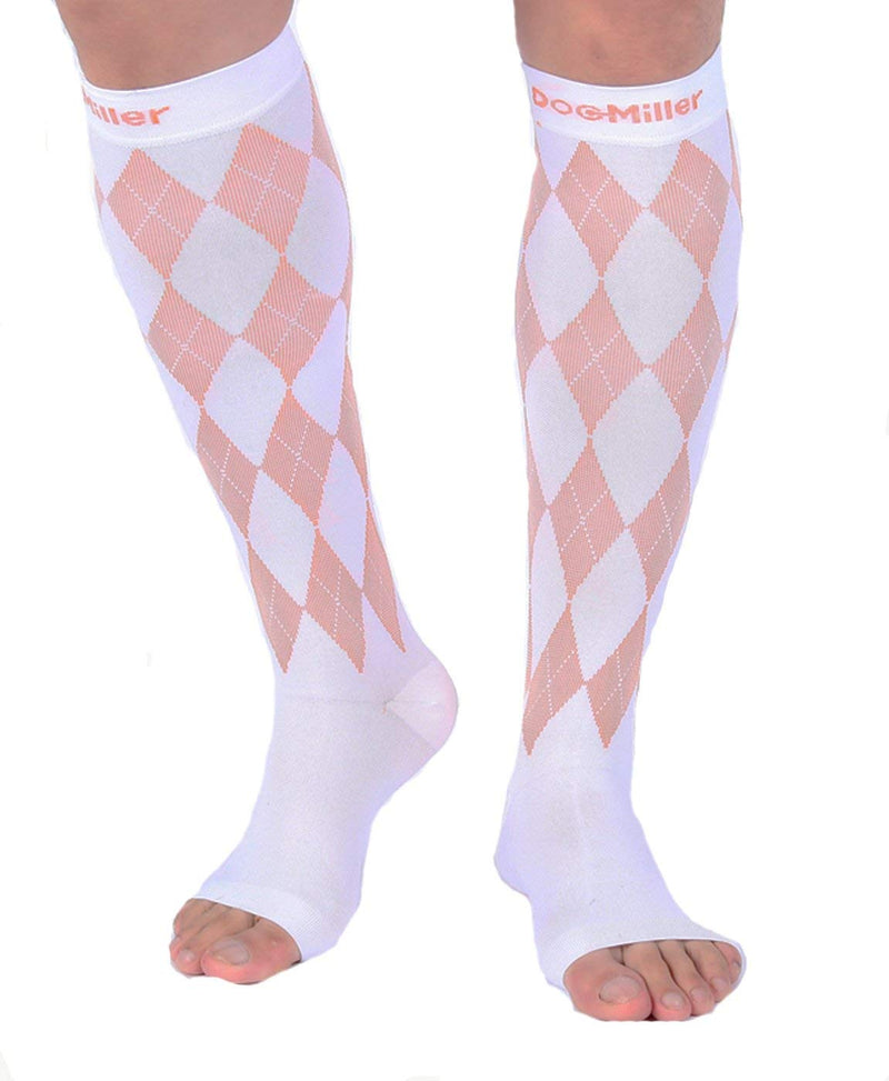 [Australia] - Doc Miller Open Toe Compression Socks Women 20-30mmHg, 1 Pair Toeless Socks for Women and Men - Argyle Design Large White.orange Open Toe 