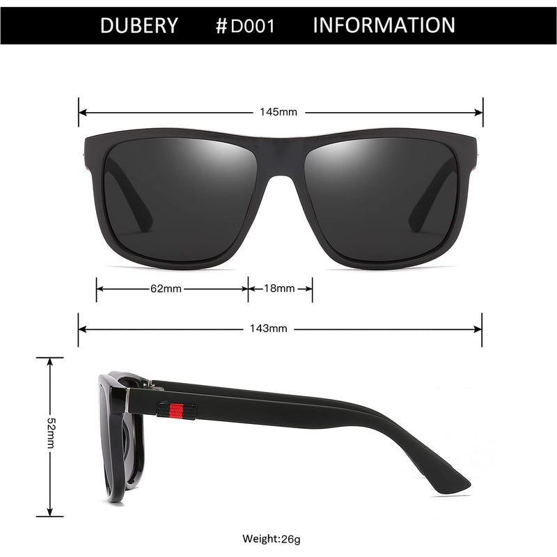 [Australia] - DUBERY Retro Square Polarized Sunglasses for Men Women 100% UV Protection Vintage Driving Fishing Shades D001 Black/Black 