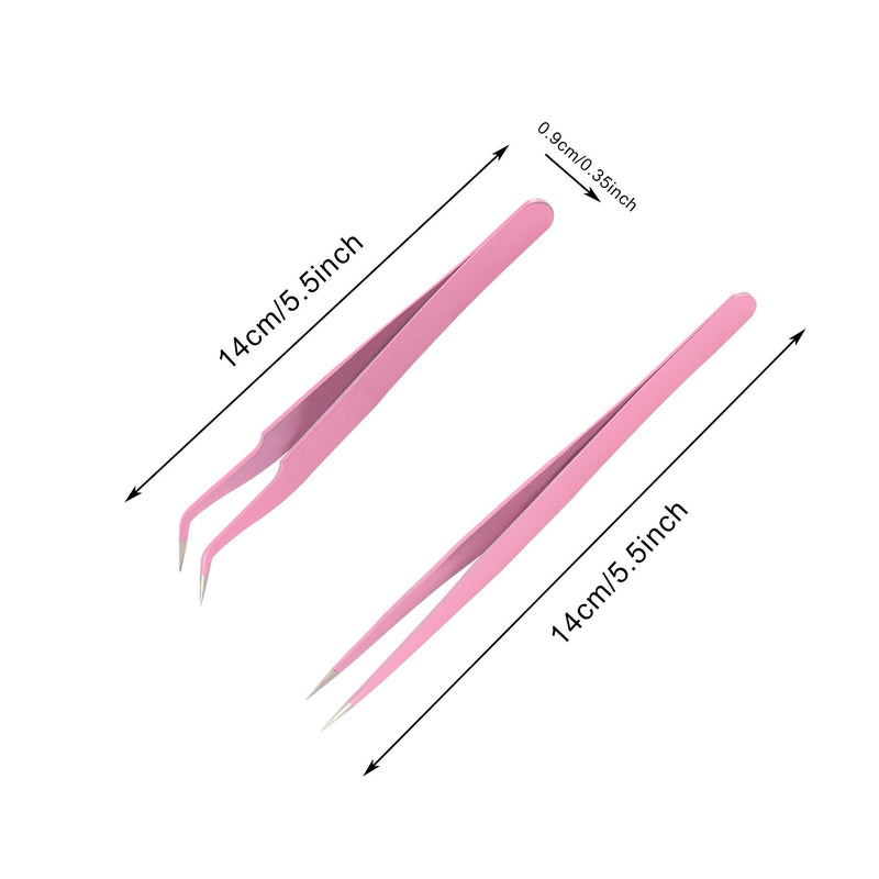 [Australia] - Bhbuy Professional Stainless Steel 2PCS Pink Straight + Bend Tweezer For Eyelash Extensions Nail Art Nippers 